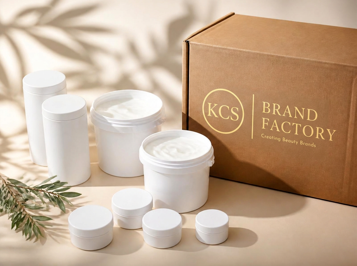 Unbranded white-label jars and buckets palletised alongside a KCS Brand Factory carton